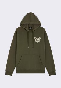 Felpa verde oliva con cappuccio regolabile, tasca frontale a marsupio e un design grafico bianco sul lato sinistro del petto. Tessuto morbido.