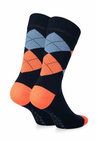 Granatowe skarpetki z pomarańczowym palcem i piętą, zdobione geometrycznym wzorem w jasnoniebieskie i pomarańczowe romby. Wykonane z miękkiej mieszanki bawełny.