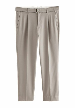 Beige textured dress pants with front pleats, side pockets, belt loops, and a matching fabric belt with a silver buckle.