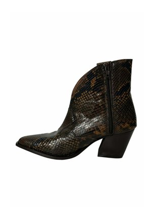 Ankle-high pointed toe boot with brown and black snakeskin texture, side zipper, and chunky angled heel.