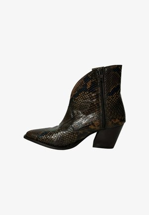 Ankle-high pointed toe boot with brown and black snakeskin texture, side zipper, and chunky angled heel.