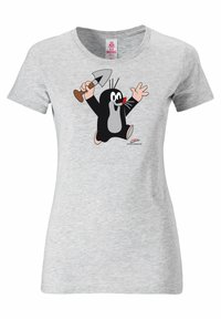 Gray short-sleeve T-shirt featuring a cartoon mole character holding a trowel, with black, white, and red details. Soft fabric texture.