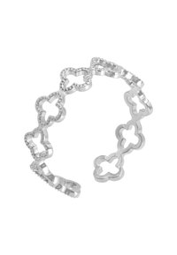 Silberring mit verbundenen Formen in floralem Design, glatter Oberfläche und strukturierten Akzenten an den Rändern.