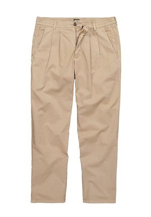 Beige Freizeithose mit Falten, zwei Vordertaschen, Gürtelschlaufen, einem Knopfverschluss und einem teilweise geöffneten Reißverschluss, flach liegend.