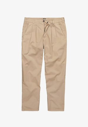 Beige Freizeithose mit Falten, zwei Vordertaschen, Gürtelschlaufen, einem Knopfverschluss und einem teilweise geöffneten Reißverschluss, flach liegend.