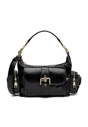 Borsa a tracolla in pelle nera con tasca frontale con fibbia, due tasche laterali con zip, manico superiore e tracolla regolabile con finiture in oro.