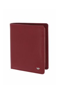 Portefeuille bi-pli en cuir rouge avec coutures visibles et petit emblème argenté dans le coin inférieur droit sur fond blanc.