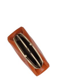 Brown leather clutch bag with a metal clasp closure, featuring two compartments and a smooth texture.