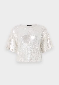 Top corto a maniche corte realizzato in tessuto foderato di paillettes bianche e argento, con scollatura rotonda e orlo a coste.