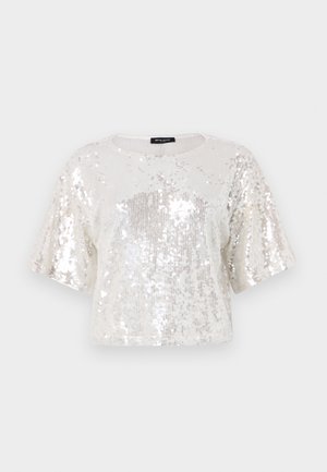 Klassisches, kurzärmeliges Oberteil aus Paillettenstoff in Weiß und Silber, mit rundem Ausschnitt und geripptem Saum.