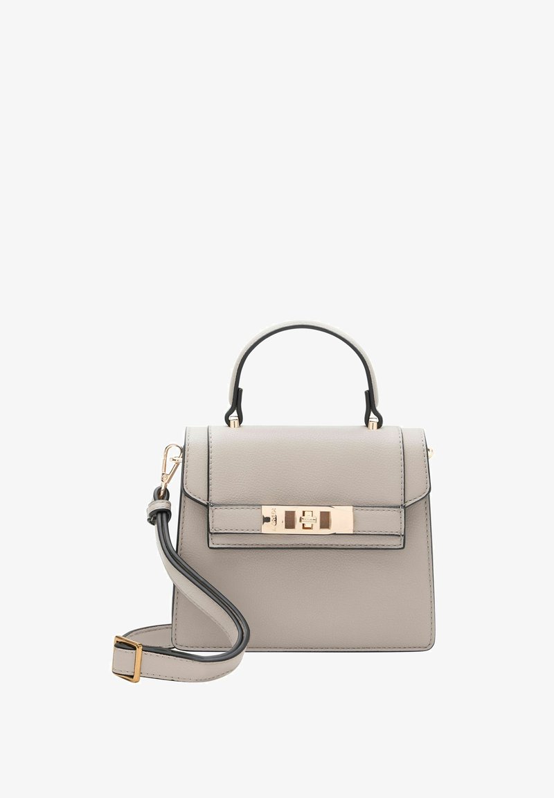 Borsa a tracolla in pelle grigia compatta con accessori in tonalità oro, manico superiore e tracolla rimovibile. Presenta una chiusura a patta e dettagli di cucitura.