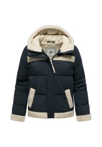 Svart vadderad jacka med beige sherpa-foder på huva, fickor, mudd och nederkant, framdragkedja och tryckknappsstängning.