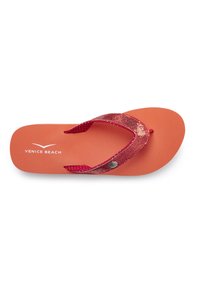 Red flip-flop with a textured, sequined strap and a smooth orange footbed. Features a small metallic accent on the strap.
