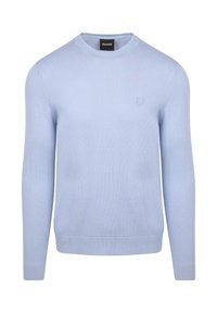 Helles blaues gestricktes Sweatshirt mit rundem Hals und langen Ärmeln. Verfügt über gerippte Bündchen und einen gerippten Saum sowie ein kleines gesticktes Logo auf der Brust.