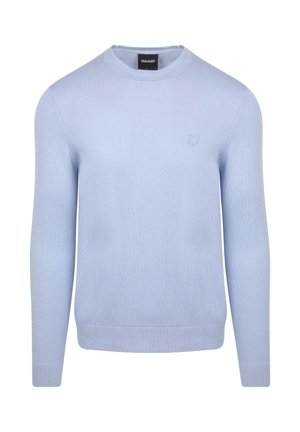 Helles blaues gestricktes Sweatshirt mit rundem Hals und langen Ärmeln. Verfügt über gerippte Bündchen und einen gerippten Saum sowie ein kleines gesticktes Logo auf der Brust.