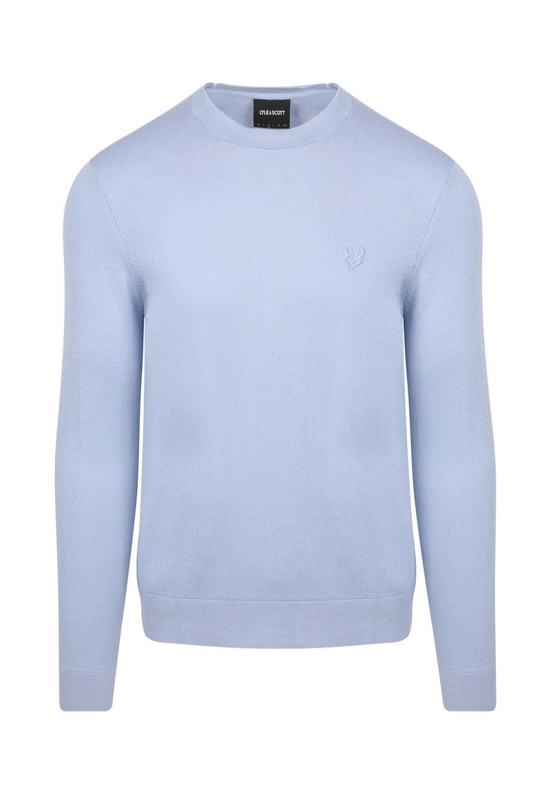 Helles blaues gestricktes Sweatshirt mit rundem Hals und langen Ärmeln. Verfügt über gerippte Bündchen und einen gerippten Saum sowie ein kleines gesticktes Logo auf der Brust.