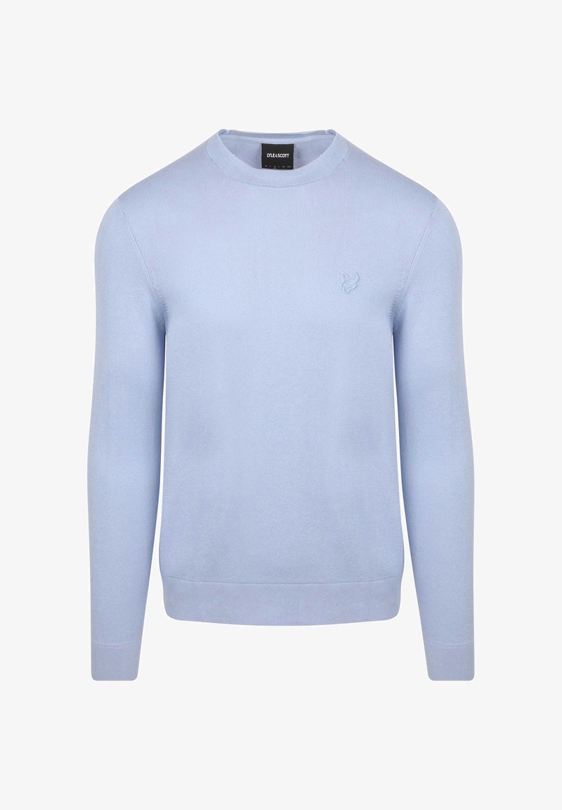 Helles blaues gestricktes Sweatshirt mit rundem Hals und langen Ärmeln. Verfügt über gerippte Bündchen und einen gerippten Saum sowie ein kleines gesticktes Logo auf der Brust.