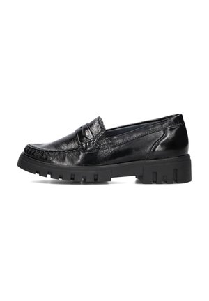 Black leather loafers with a textured upper, low chunky rubber sole, and stitched detailing on the toe. Simple slip-on design.