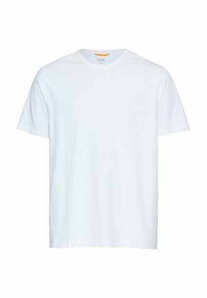 Witte katoenen t-shirt, korte mouwen, ronde hals, zachte textuur, rechte zoom, minimalistisch ontwerp met een klein logo nabij de halslijn.