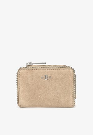 Beige suede wallet with silver studded trim, a zip closure, and a silver logo featuring a "B" on the front. Rectangular shape.