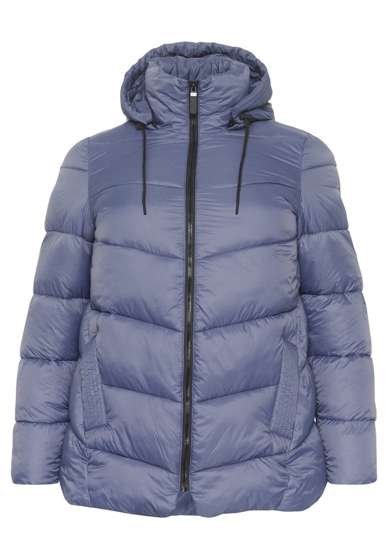 Doudoune violette avec capuche, fermeture éclair, accents de fermeture éclair noirs et motif matelassé horizontal. Dispose de poches latérales et de cordons élastiques.
