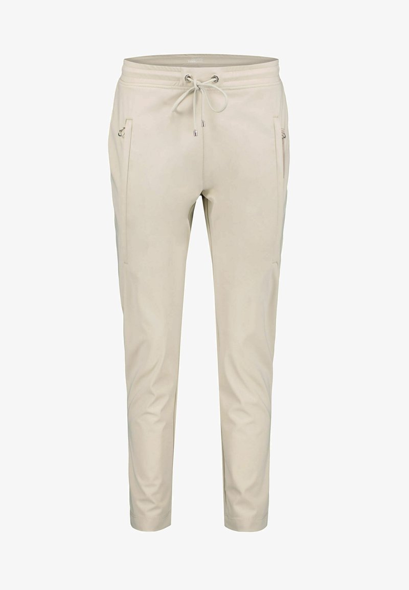 Beige joggingové kalhoty s elastickým pasem a stahovací šňůrkou. Obsahují dvě přední kapsy na zip a zúžené nohy pro těsný vzhled.