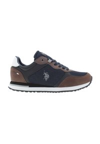 Męskie sneakersy łączące brązowy zamsz i granatową siateczkę, z białymi akcentami oraz teksturowaną granatową panelfeaturing z logo. Czarna gumowa podeszwa.