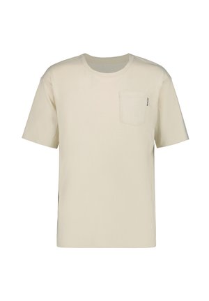 Camiseta de manga corta color beige, hecha de algodón. Presenta un bolsillo en el pecho y un cuello redondo. Textura suave con aberturas laterales para mayor comodidad de movimiento.