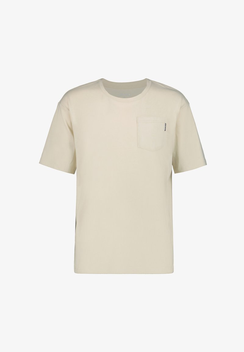 T-shirt beige a maniche corte in cotone. Presenta una tasca sul petto e un colletto a girocollo. Texture liscia con spacchi laterali per facilitare i movimenti.
