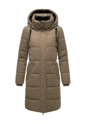 Khaki gewatteerde jas met hoge kraag, verborgen rits en trekkoordcapuchon. Voorzien van zijzakken en elastische manchetten voor extra warmte.