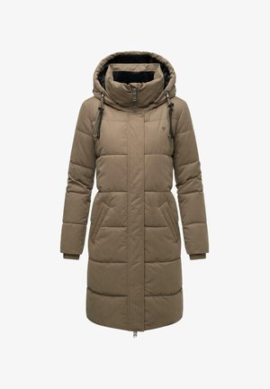 Khaki vadderad jacka med hög krage, dold dragkedja och justerbar huva. Har sidofickor och elastiska ärmslut för värme.