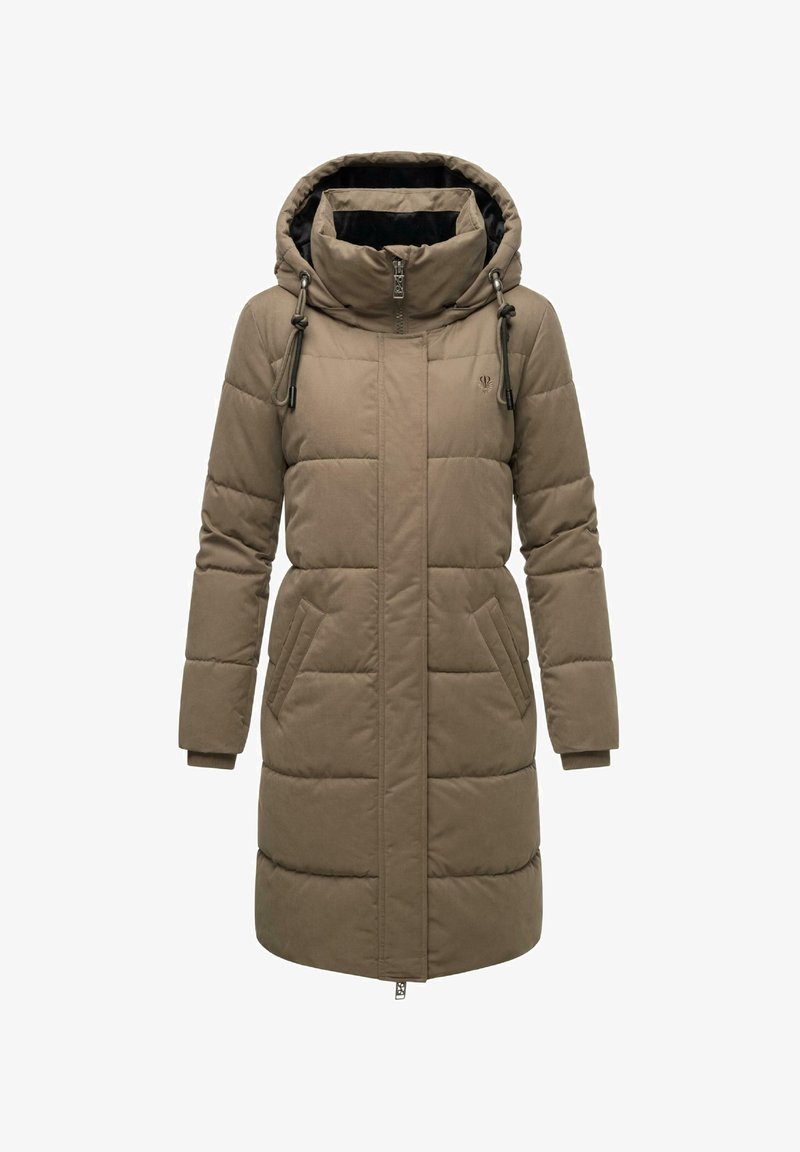 Khaki padded coat with a high collar, hidden zipper, and drawstring hood. Features side pockets and elasticized cuffs for warmth.