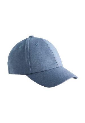 Blaue Baumwoll-Baseballkappe mit gesteppten Einsätzen und Belüftungsösen, vor weißem Hintergrund dargestellt.