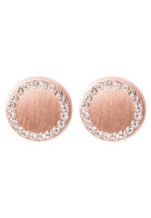 Round rose gold stud earrings with a circle of small clear crystals around the edge on a white background.