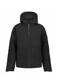 Giacca a vento nera con zip frontale, cappuccio e sezioni trapuntate. Presenta un cordino regolabile e un'etichetta con logo sulla zip.