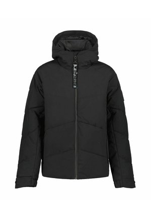Doudoune noire avec fermeture éclair sur le devant, capuche et sections matelassées. Dispose d'un cordon de serrage réglable et d'une étiquette logo sur la fermeture éclair.