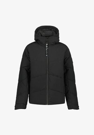 Doudoune noire avec fermeture éclair sur le devant, capuche et sections matelassées. Dispose d'un cordon de serrage réglable et d'une étiquette logo sur la fermeture éclair.