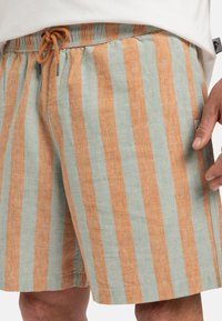 Pantaloni corti a righe in tonalità verde chiaro e arancione, dotati di una vita elastica con coulisse, realizzati in tessuto di lino texturizzato.