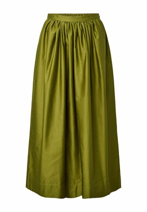 Olivově zelená midi sukně s nařaseným pasem a hladkou látkou, širohým lemem a splývavou áčkovou siluetou.