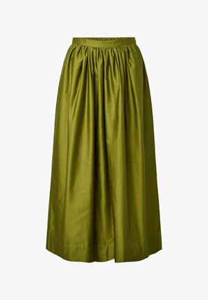 Oliiviroheline midi-seelik, millel on kortsudega vöökoht ja siledast kangast, laiäärisega ning voolava A-lõikega siluett.