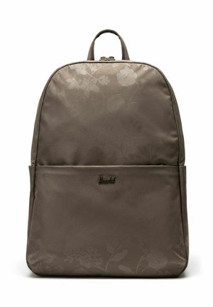 Sac à dos Herschel marron avec un motif floral subtil, poche avant, poignée supérieure et fermeture éclair sur fond blanc.