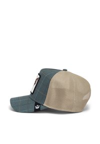 Gorra azul y beige con patrón de cuadros, forma estructurada, parte trasera de malla y parche bordado en la parte delantera. Visera curva y correa ajustable.