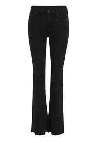 Jeans évasés noirs en denim, avec une taille haute, deux poches frontales et des ourlets effilochés. Texture lisse avec une coupe classique.