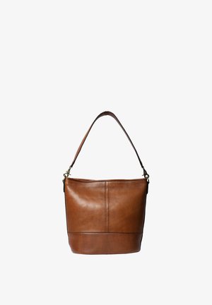 Brown leather shoulder bag with a smooth texture, rounded shape, and single strap. Features a seamless front and contrasting lower section.