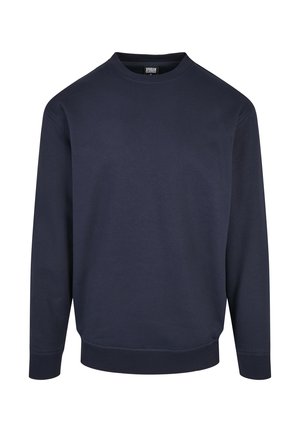 Tummansininen puuvillapaita, jossa on pyöreä kaula-aukko, pitkät hihat, resoriohjat hihansuissa ja helmassa. Silkkinen pinta, ei kuvioita tai koristeita.