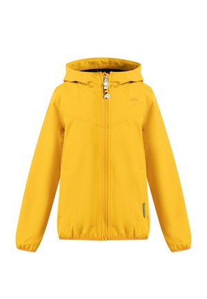 Gelbe Kapuzenjacke mit Frontreißverschluss, langen Ärmeln, elastischen Bündchen und Saum sowie einem kleinen Regenschirm-Logo auf der Brust.