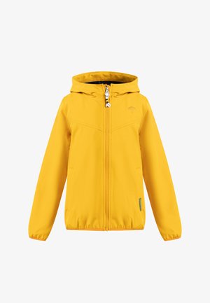 Gelbe Kapuzenjacke mit Frontreißverschluss, langen Ärmeln, elastischen Bündchen und Saum sowie einem kleinen Regenschirm-Logo auf der Brust.