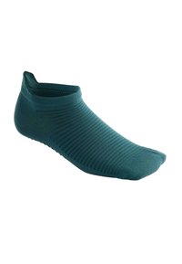 Zöldes kék bokaszigetű zokni struktúrált anyagból, bordázott mintázattal, alacsony szabással és megerősített sarokkal a fokozott kényelem érdekében.