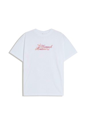 White short-sleeve t-shirt with pink and orange "Hannah Montana" text and decorative pink butterflies on the chest.