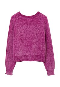 Fuchsia Strickpullover mit geripptem Muster, Rundhals und langen Ärmeln; hat einen lässigen Schnitt und ist am Saum leicht verkürzt.